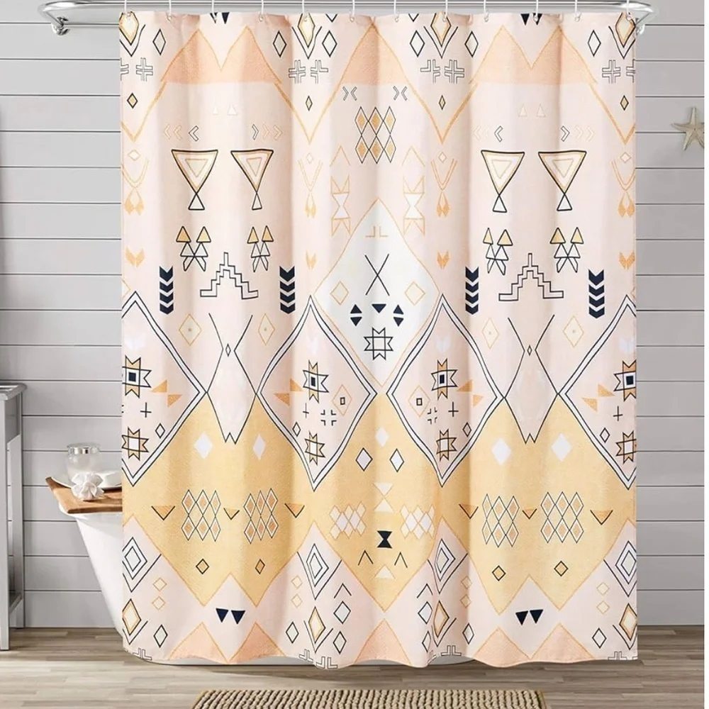 NIB Yellow Tribal Geometric Fabric Bathroom Shower Curtain Set, Aztec Bohemian